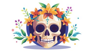 Mavi renkli çiçek kafatası çizimi. Dövme tasarımı ya da moda baskıları için mükemmel. Basit ve kalın çizgileri olan tek renkli palet.