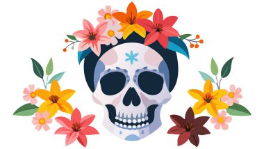 Kafatası ve çiçek elementleri renkli bir dizaynda. Tatil temalı grafikler, web afişleri veya tekstil desenleri için ideal. Parlak, neşeli renkler ve temiz vektör biçimi.