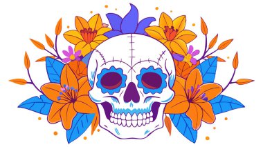 Renkli kafatası ve çiçekler, tekstil desenleri için izole edilmiş vektör, çıkartmalar, olay ilanları, Cadılar Bayramı