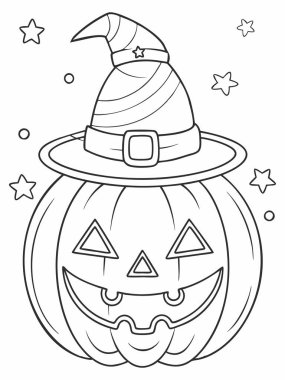 Cadılar Bayramı temalı renklendirme için bir cadı şapkası ve yıldızlı Jack-O-Lantern