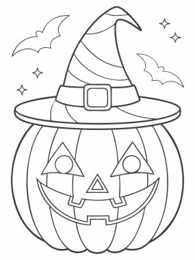 Cadılar Bayramı Jack-O-Lantern Cadı şapkası ve uçan yarasalarla boyamak için