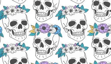 Kurukafa deseni, parlak çiçeklerle taçlandırılmış kafatası çizimleri.