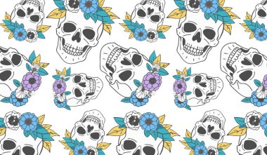 Moda ve ev dekorasyonu ürünleri için Renkli Çiçeklerle Kurukafa Deseni.