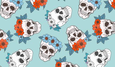 Yumuşak Mavili Kurukafa ve Çiçek Motifi, el yapımı kafatasları ve renkli çiçekli taçlarla çekici desenler.