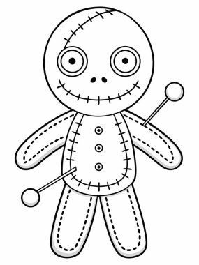 İğneli ürkütücü voodoo bebeği çizimi, Cadılar Bayramı için ideal renk çarşafları.