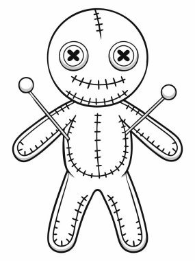 Cadılar Bayramı voodoo bebek boyama çarşafı düğme gözlü dikişli bir tasarım içeriyor