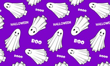 Halloween ghost pattern with BOO text and Halloween label, for holiday-themed products, banners, wrapping paper. clipart