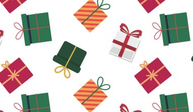 Beyaz bir zemin üzerinde yeşil, kırmızı ve turuncu hediye kutuları olan bayram temalı bir desen. Paket kağıdı ya da tekstil için birebir. Tasarım basit şekiller ve temiz çizgiler içerir..