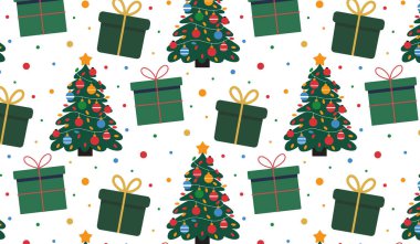 Noel ağaçları ve hediye kutuları tekrar eden bir dizayn, tatil dekorasyonları veya dijital arka planlar için harika. Sezonluk projeler için canlı renkler ve şenlik tarzı