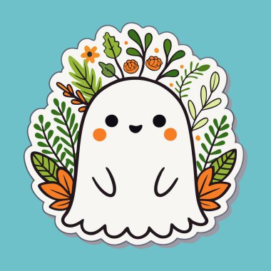 Gülümseyen hayalet sonbahar yaprakları ve çiçeklerle çevrili, web tasarımı, tebrik kartları, şenlikli mevsimsel desenler için.