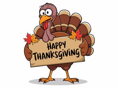 Şükran Günü tabelası ve renkli yapraklarıyla gülümseyen hindi..