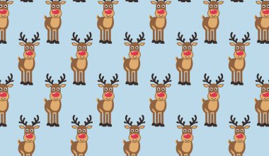 Mavi arka planda kırmızı burunlu, kusursuz bir çizgi film ren geyiği deseni. Tatil tasarımları için mükemmel.