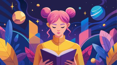Fantezi bir arka planda kitap okumaya dalmış genç bir kızın tasviri. Parlak ve canlı renkler onu çocuk kitapları, eğitim içeriği ve posterler için ideal kılıyor..