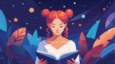 Renkli bir dış mekan ayarı olan bir kitaba takılmış bir kızın tasviri. Çocuk kitapları, eğitim materyalleri ve web tasarımı için ideal.