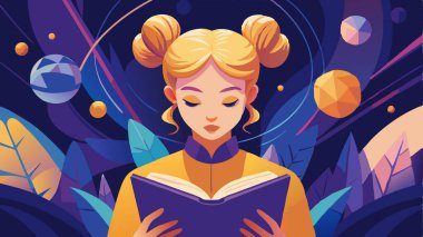 Canlı uzay temalı arka planı olan bir kitap okuyan bir kız. Parlak renkler ve dijital sanat tarzı onu eğitim temaları, bilim kurgu içeriği ve web tasarımı için ideal hale getiriyor..