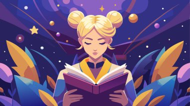 Dijital sanat, uzay temalı arka planı olan bir kitaba daldırılmış genç bir kızı tasvir ediyor. Çocuk kitapları, eğitim materyalleri ve fantezi çizimleri için idealdir..