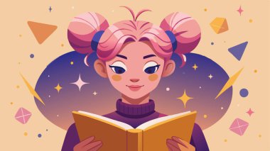 Pembe saçlı bir kızın oyuncu şekillerle çevrili bir kitabı okuduğu tasviri. Parlak ve neşeli çizgi film stili çocuk kitapları, eğitim içeriği ve web tasarımı için idealdir..