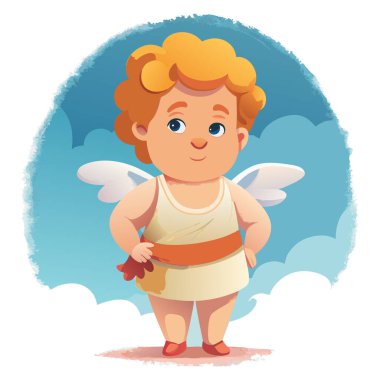 Cartoon cherub with curly orange hair, wearing a white outfit with a red belt, standing among the clouds. Valentine or love-themed illustration clipart