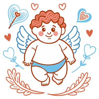 Hand-drawn cherub surrounded by hearts and floral elements. Cute cartoon Valentine's Day illustration with angel wings for cards or decoration clipart