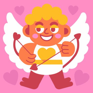 Gülümseyen melek elinde kalp şeklinde bir yay tutuyor. Sevgililer günü kartı ya da çıkartması için pembe arka planda kanatlı ve altın saçlı çizgi film çizimleri