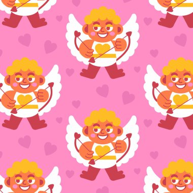 Seamless pattern of cherubs with bows and hearts on a pink background. Valentine's Day cartoon design for cards, banners, and posters clipart