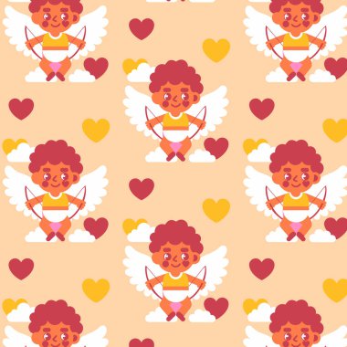 Pembe arka planda yayları, kalpleri ve bulutları olan kusursuz bir melek deseni. Kartlar, pankartlar ve duvar kağıtları için sevgililer günü çizgi film tasarımı