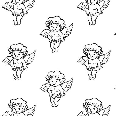 Kanatları ve kalpleri olan kusursuz bir melek deseni. Sevgililer Günü tasarımı ve duvar kâğıdı için siyah beyaz çizgiler