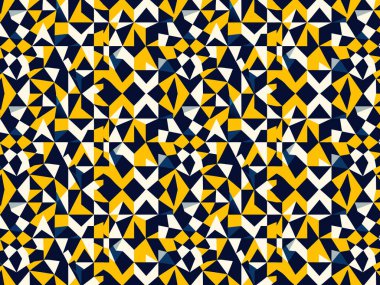 Soyut geometrik desen, çeşitli tasarım uygulamaları için dinamik bir görsel doku sağlayan, sarı, lacivert ve beyaz şekillerin canlı bir düzenini gösterir.