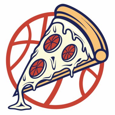 Basketbol arka planlı renkli pizza dilimleri, eritilmiş peynir ve malzemelerin altını çizmek, aşçılık ve atletik kavramları eğlenceli bir görsel tarzla birleştirmek