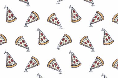 Düz illüstrasyonda pizza dilimleri pürüzsüz bir kalıpta, canlı renkler ve malzemeler vurgulanıyor, mutfak tasarımları ve yemekle ilgili projeler için mükemmel