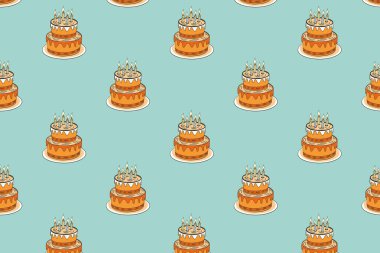 Açık mavi zemin üzerinde mumlar olan turuncu doğum günü pastalarının tekrarlanan bir deseni. Doğum günü partisi malzemeleri, kumaş ve tekstil tasarımı, önlükler, mutfak havluları, çocuk giysileri, duvar kağıtları. 