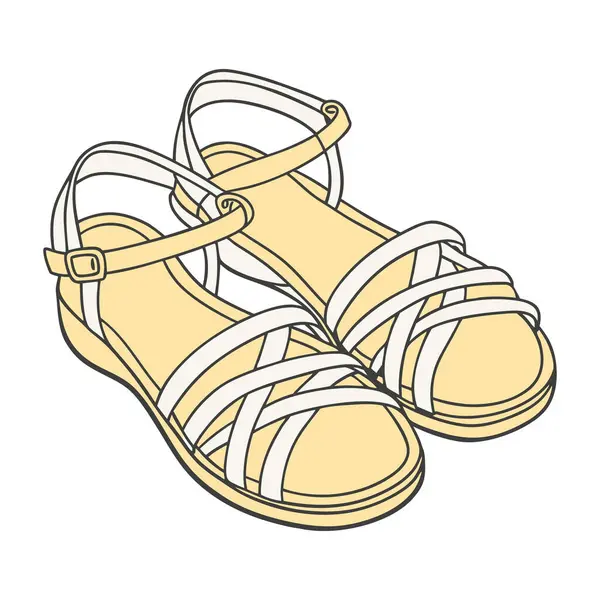 Düz tabanlı beyaz kayışlı sandaletler. Sandaletlerin birden fazla kayışı ve sıradan yaz kıyafetleri için uygun basit bir tasarımı var. Kayışlı sandaletler, parmak arası terlikler ve rahat terlikler.