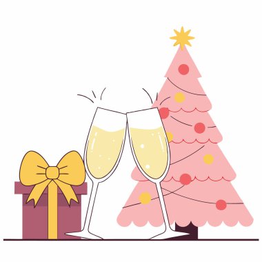 Pembe bir Noel ağacının yanında iki şampanya kadehi ve bir hediye. Romantik bayram havası. Kış tebrik kartları veya etkinlik davetleri için ideal.