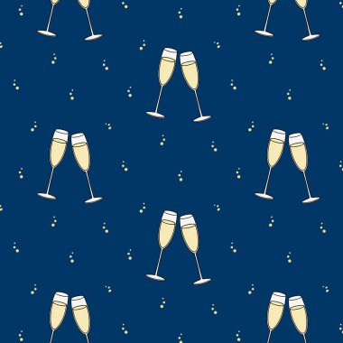 Lacivert arka planda kusursuz şampanya kadehleri. Tekstil, ambalaj kağıdı ve şenlikli ambalaj için uygundur.