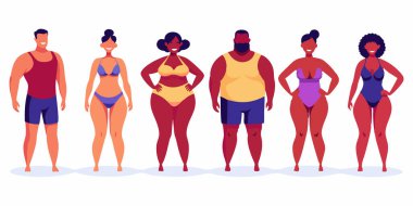 Renkli mayo giymiş farklı bireylerden oluşan bir grup, bir çizgide güvenle duruyorlar, vücudun pozitifliğini ve kendini kabulünü destekliyorlar, parlak ve neşeli bir atmosferi var.