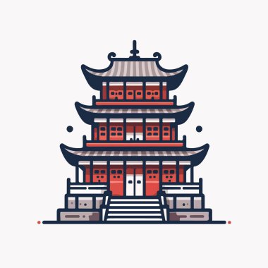 Asya pagoda illüstrasyonunda çok katmanlı bir yapı, süslü detaylar ve canlı renklerle, kültürel mimarinin büyüleyici bir temsili oluşturuluyor.
