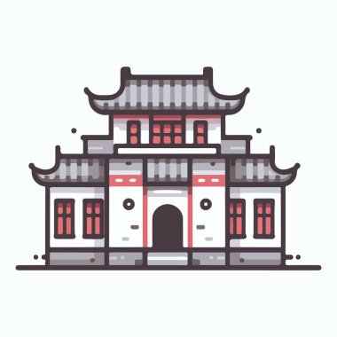 Asya mimari tasviri, karmaşık çatı detayları, renkli pencereler ve kültürel sanat ve mirası ön plana çıkaran önemli bir girişi olan güzel tasarlanmış bir binayı tasvir ediyor.