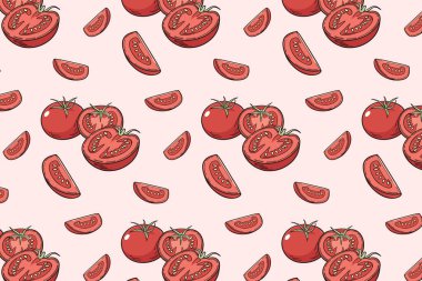 Renkli bir vektör çiziminde taze domates ve dilimler içeren kusursuz desen, canlı kırmızı renkleri ve mutfak uygulamaları için doğal şekilleri vurguluyor