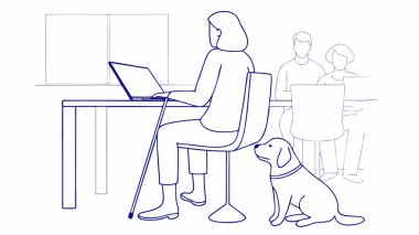 Çubuklu bir masada dizüstü bilgisayar kullanan bir kadın, yanında bir köpek, işbirlikçi bir ortamda sohbet ve takım çalışması yapan diğerleriyle birlikte.