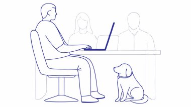 Bir masada dizüstü bilgisayarla uğraşan profesyonel bir erkek, iki iş arkadaşı ve bir köpekle birlikte, dostane ve üretken bir çalışma alanı atmosferi sergiliyor.