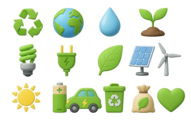 Yeşil enerji ikonlarının toplanması geri dönüşüm, toprak, su, bitkiler, güneş, rüzgar ve elektrikli araç, sürdürülebilirlik ve çevre bilincini vurguluyor