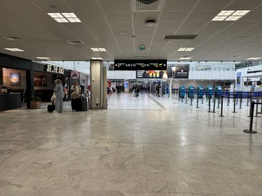 Nice, Fransa - 10 Mayıs 2025: Kontrol gişeleri, bavullu gezginler ve uçuş bilgileri için dijital ekranların yer aldığı havaalanı terminalinin iç görünümü