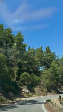 Rodos, Yunanistan - 17 Ağustos 2023: Canlı ağaçlar ve parlak mavi gökyüzü tarafından kucaklanan dolambaçlı yol doğa severler ve maceracılar için sakin bir atmosfer yaratıyor