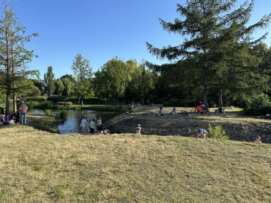 Varşova, Polonya - 3 Temmuz 2025: Ağaçlar ve çimenli tepelerin oluşturduğu dingin bir parktaki sakin gölette dinlenen bireyler