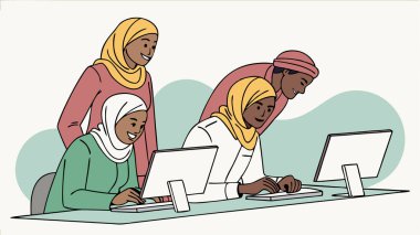 Bilgisayarlarda birlikte çalışan çeşitli bireyler grubu, enerji ve yaratıcılıkla dolu, parlak ve modern bir çalışma alanında işbirliği ve teknolojiyi ön plana çıkarıyorlar.