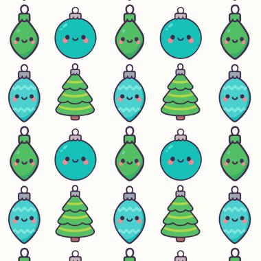 Neşeli vektör illüstrasyonunda neşeli Noel süsleri ve ağaçlar, tatil temalı tasarımlar ve dekorasyonlar için ideal, keyifli bir düzende düzenlenmiştir.