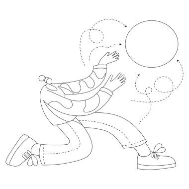 Bir vektör illüstrasyonundaki oyuncu karakter, yüzen bir topa uzanıyor, garip çizgilerle hareket ve enerjiyi vurguluyor ve minimalist bir estetik tasarımı var.