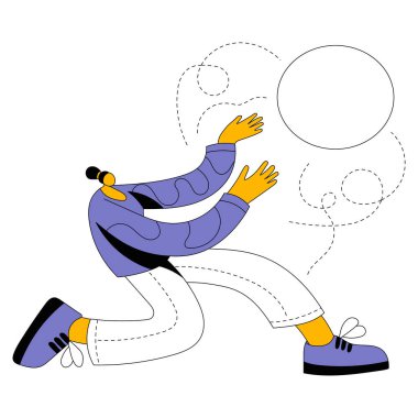 Mor kazaklı ve beyaz pantolonlu dinamik figür, tasarım amaçlı geniş bir kopya alanına sahip yüzen bir daireye uzanıyor, hareket ve yaratıcılık sergiliyor.