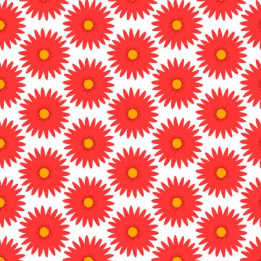 Kırmızı çiçekli ve sarı merkezli renkli desenli çizimler, kusursuz bir tasarım, kumaş, duvar kağıdı ve dekoratif projeler için ideal.