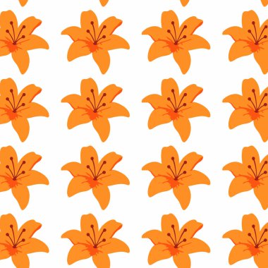 Canlı turuncu zambak çiçekleri içeren kusursuz desen, karmaşık detaylar ve kalın renkler, çeşitli tasarım uygulamaları ve yaratıcı projeler için ideal